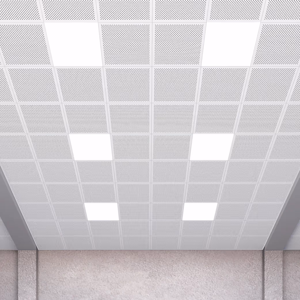 Perforated aluminum lay-in ceiling across a bright commercial floor