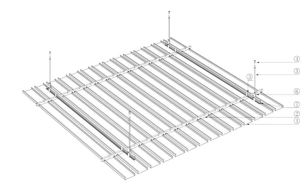 H-Shaped Strip Ceiling assembly drawing with numbered components