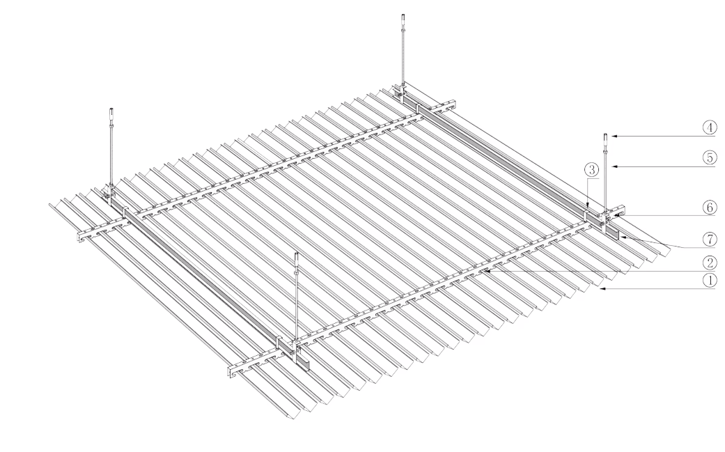 V-Shaped Strip Ceiling assembly drawing with numbered components
