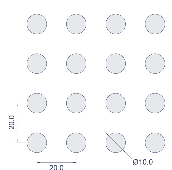 Ø10mm at 19.6% open — pattern drawing with pitch dimensions