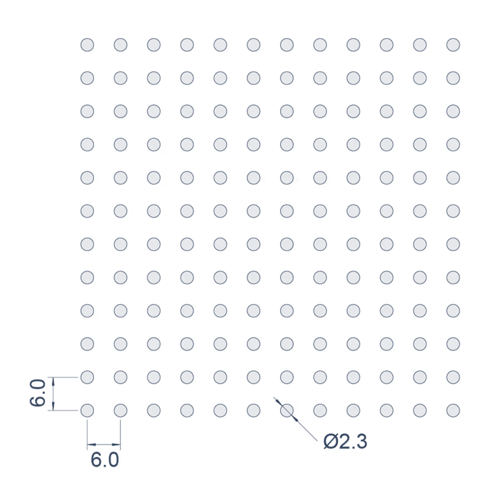 Ø2.3mm at 11.5% open — pattern drawing with pitch dimensions