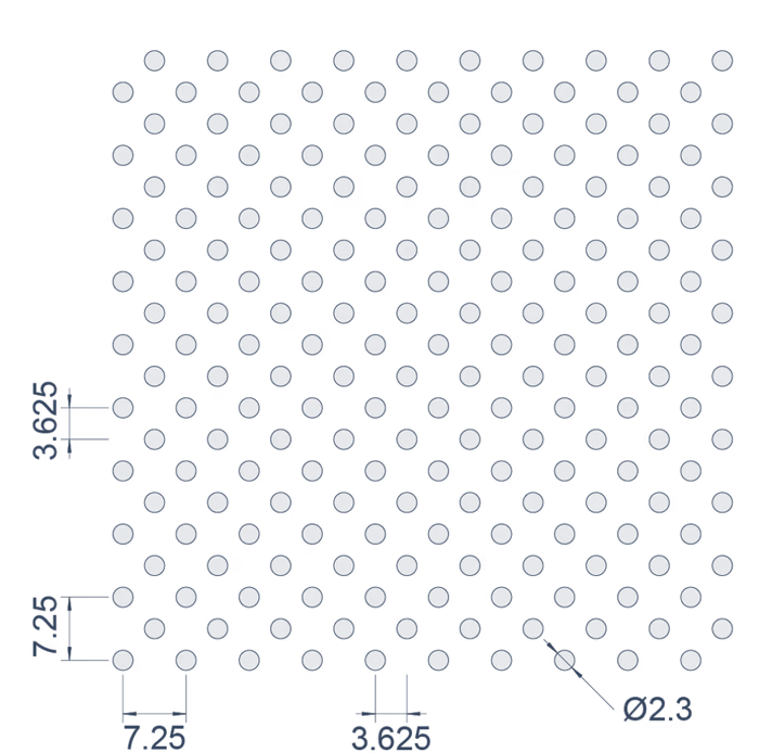 Ø2.3mm at 15.8% open — pattern drawing with pitch dimensions
