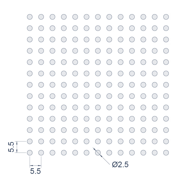 Ø2.5mm at 16.2% open — pattern drawing with pitch dimensions