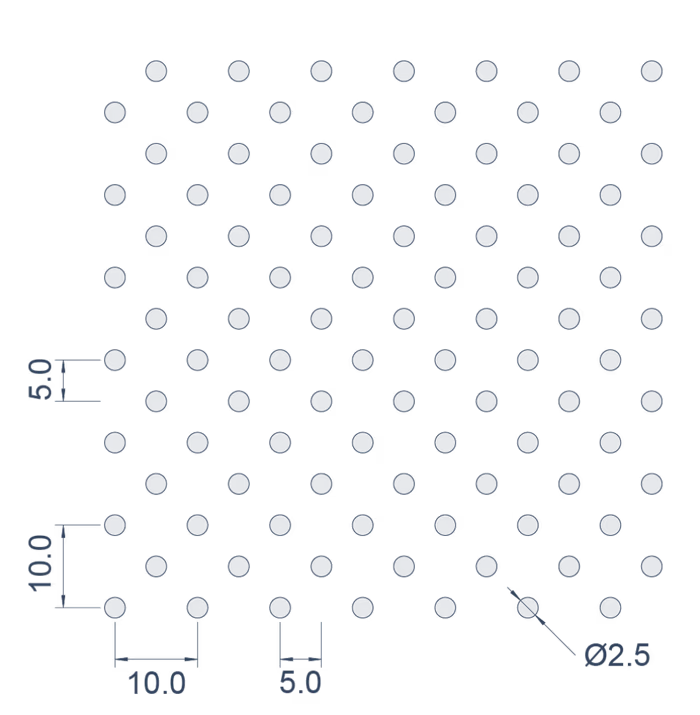 Ø2.5mm at 9.8% open — pattern drawing with pitch dimensions