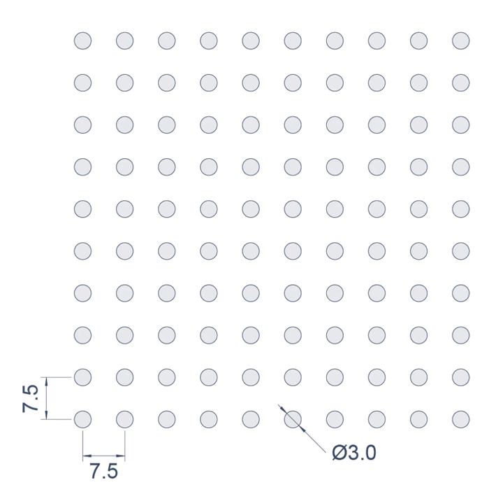 Ø3mm at 12.6% open — pattern drawing with pitch dimensions