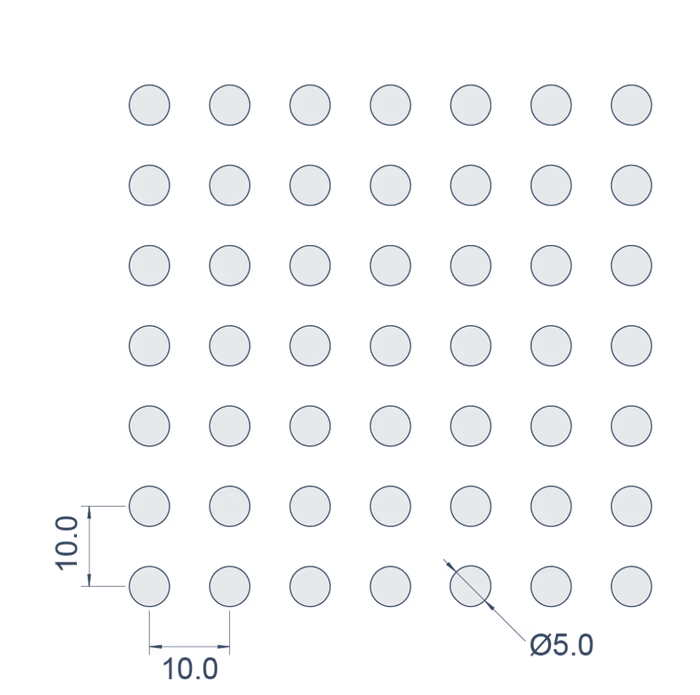 Ø5mm at 19.6% open — pattern drawing with pitch dimensions
