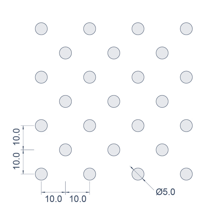Ø5mm at 9.8% open — pattern drawing with pitch dimensions
