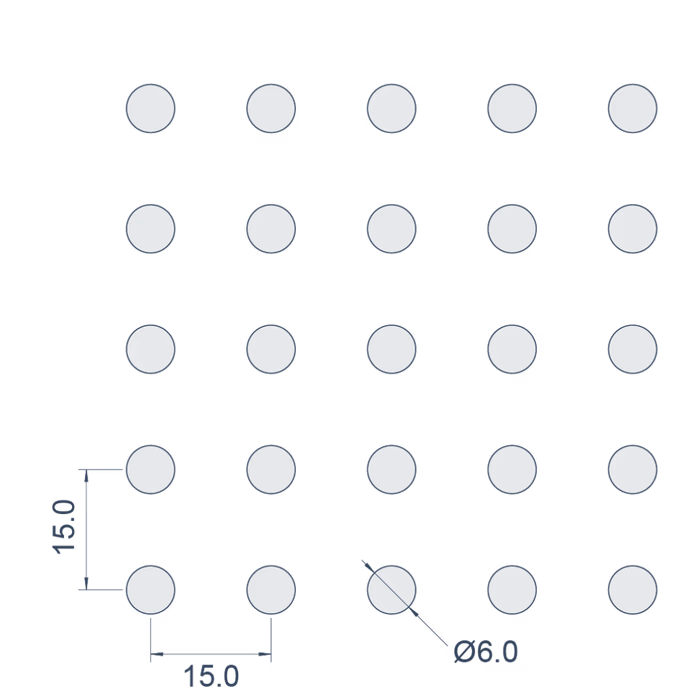 Ø6mm at 12.6% open — pattern drawing with pitch dimensions
