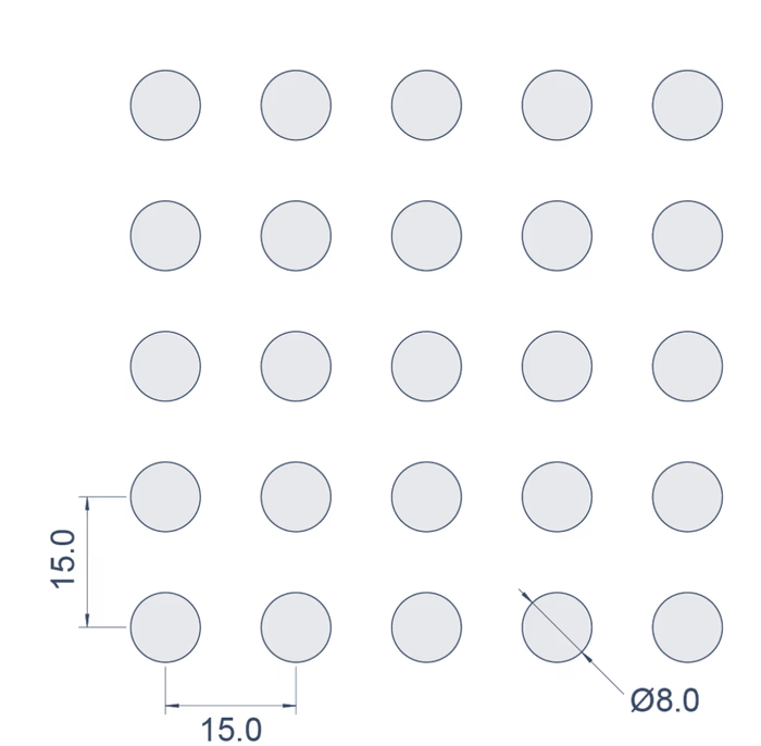 Ø8mm at 22.3% open — pattern drawing with pitch dimensions
