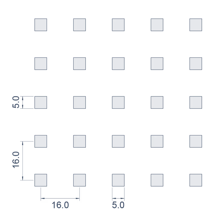 5x5mm at 9.8% open — pattern drawing with pitch dimensions