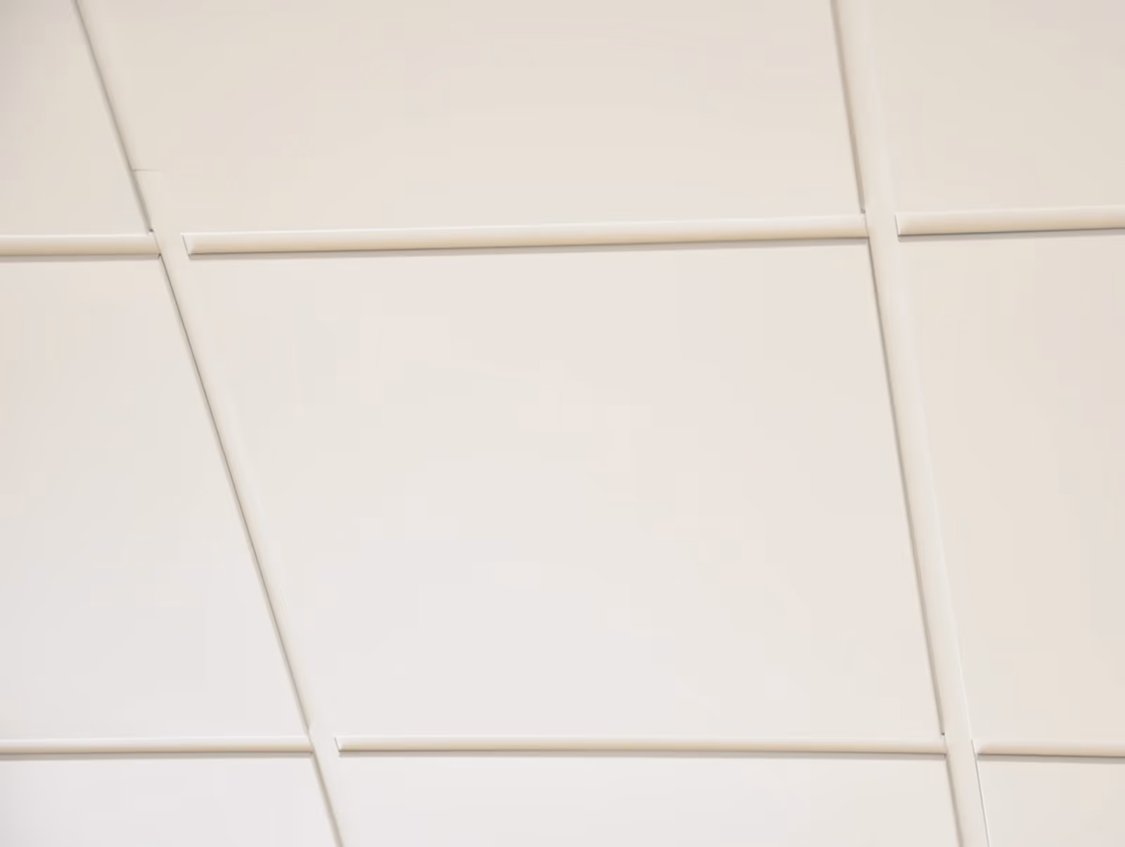 Exposed tee grid with panels laid in, seen from below