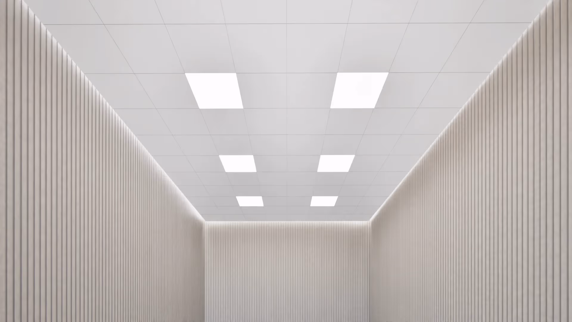 Hook on ceiling forming a continuous white plane with recessed lights