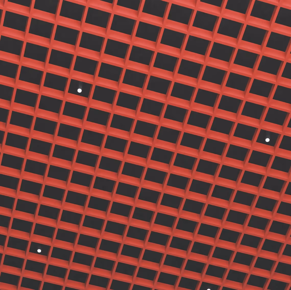 Open cell ceiling finished in red over a dark plenum