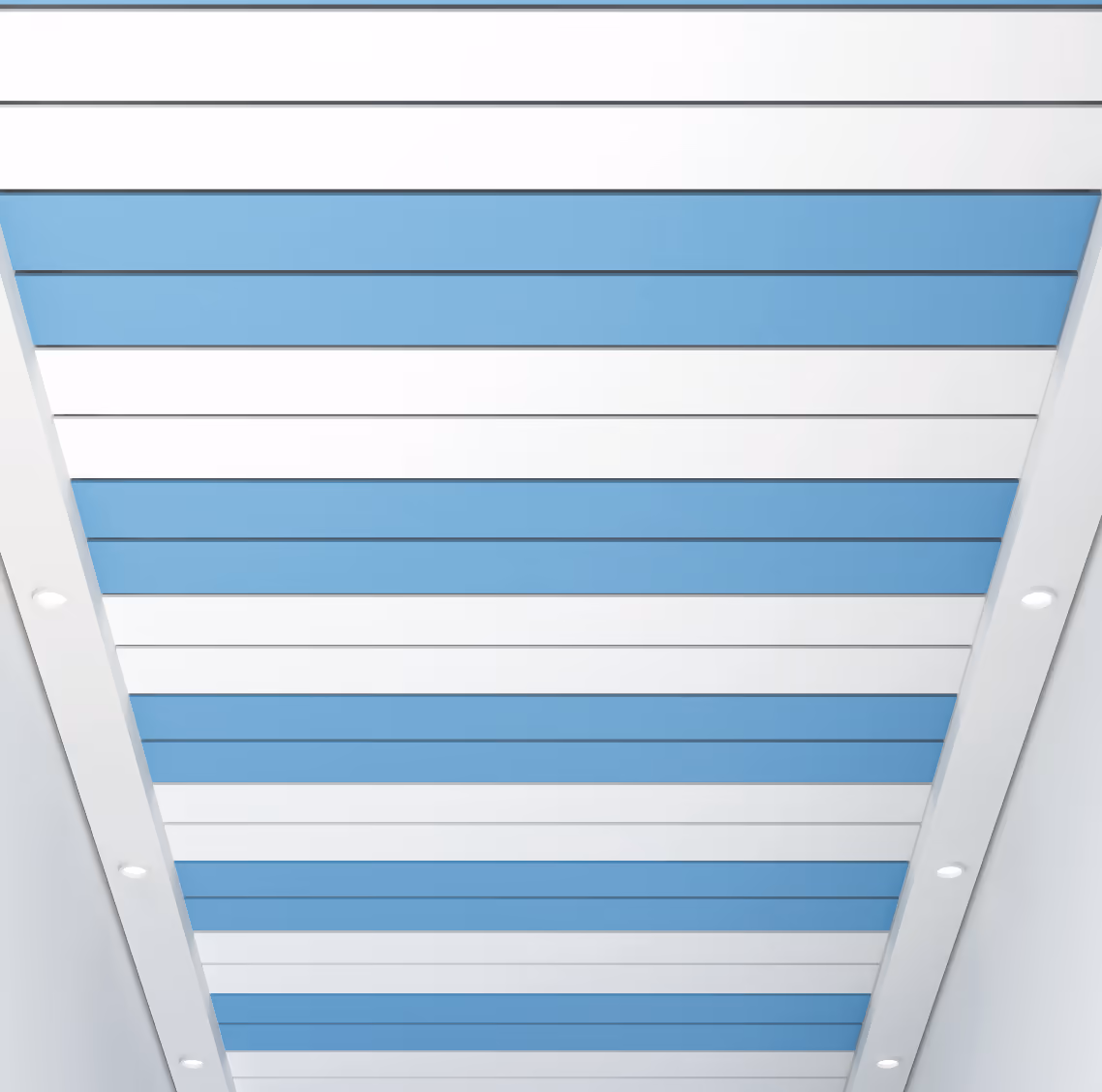 Blue and white strip ceiling in an alternating pattern