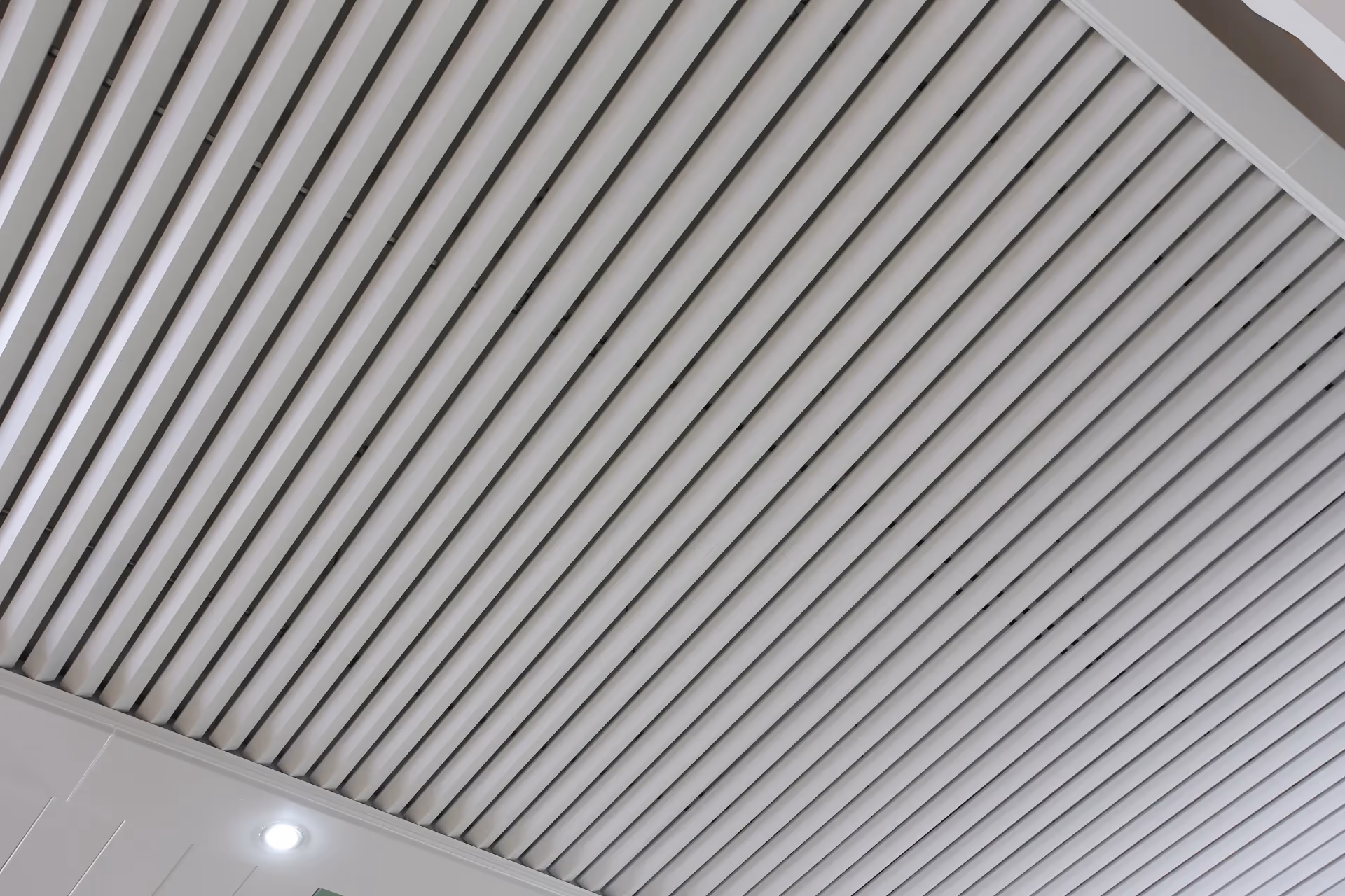 White linear strip ceiling sweeping across a public interior